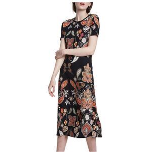 Desigual Misuri Orange Black Paisley Midi Tee Shirt Dress Size Large